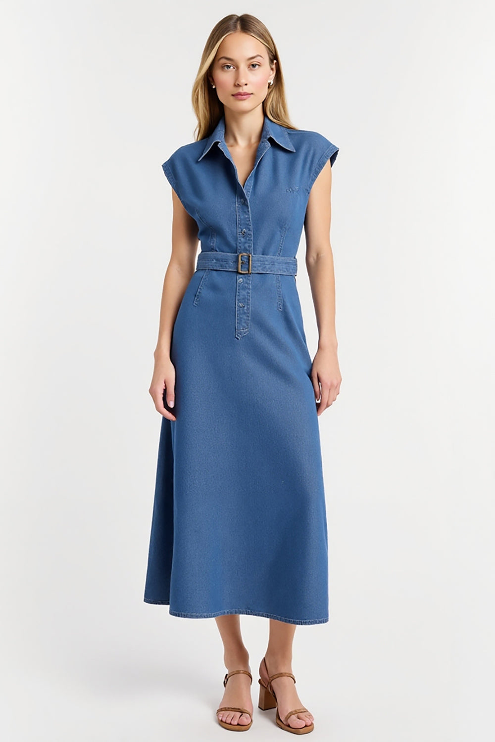 Grey Blue Bodycon Collar Cap Sleeves Maxi Work Dress with Belt