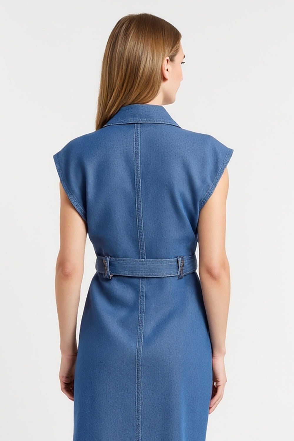 Grey Blue Bodycon Collar Cap Sleeves Maxi Work Dress with Belt
