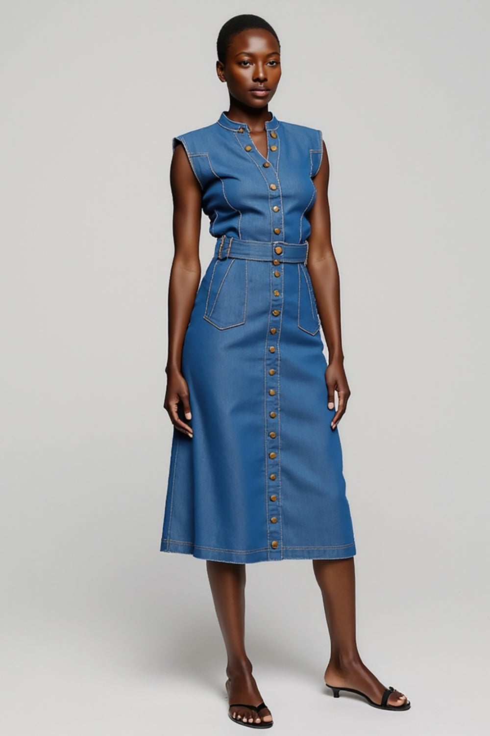 Grey Blue Single Breasted Midi A Line Work Dress with Belt