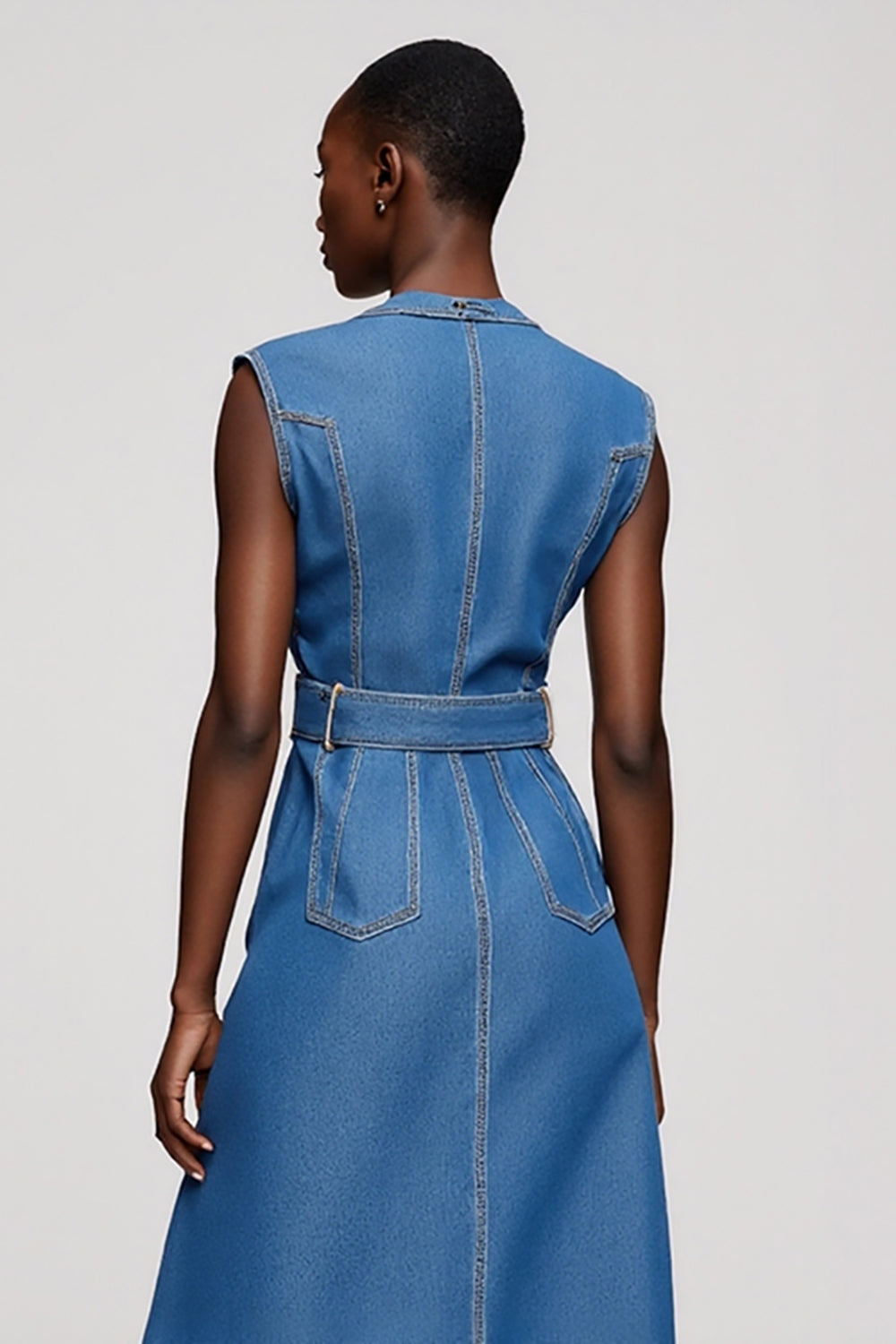 Grey Blue Single Breasted Midi A Line Work Dress with Belt