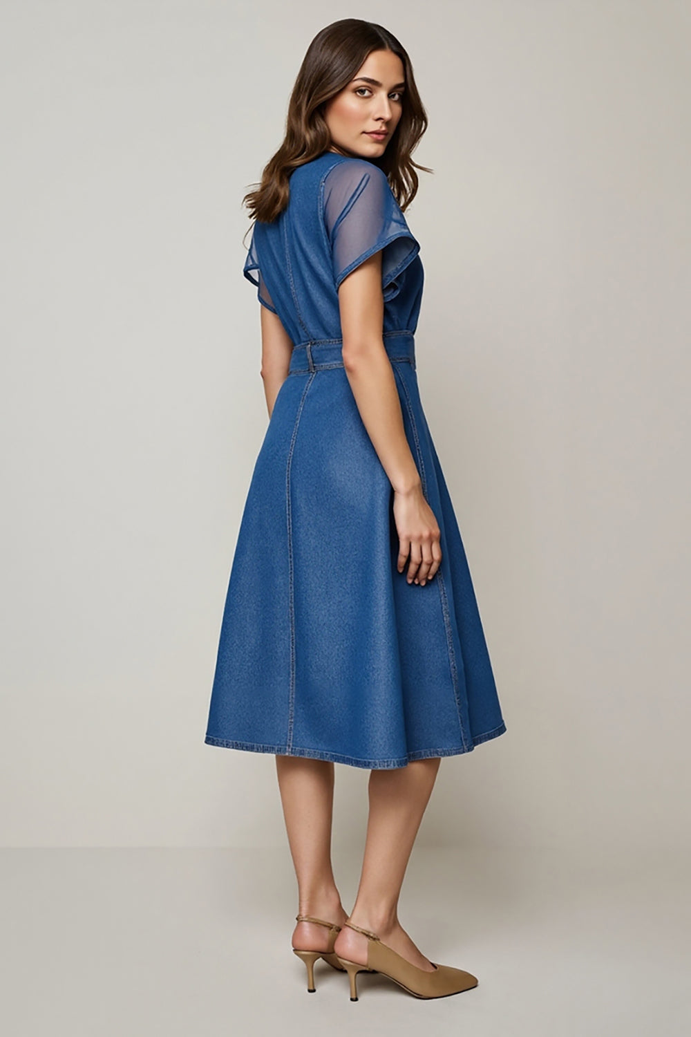 Grey Blue A Line Single Breasted Midi Work Dress with Sleeves