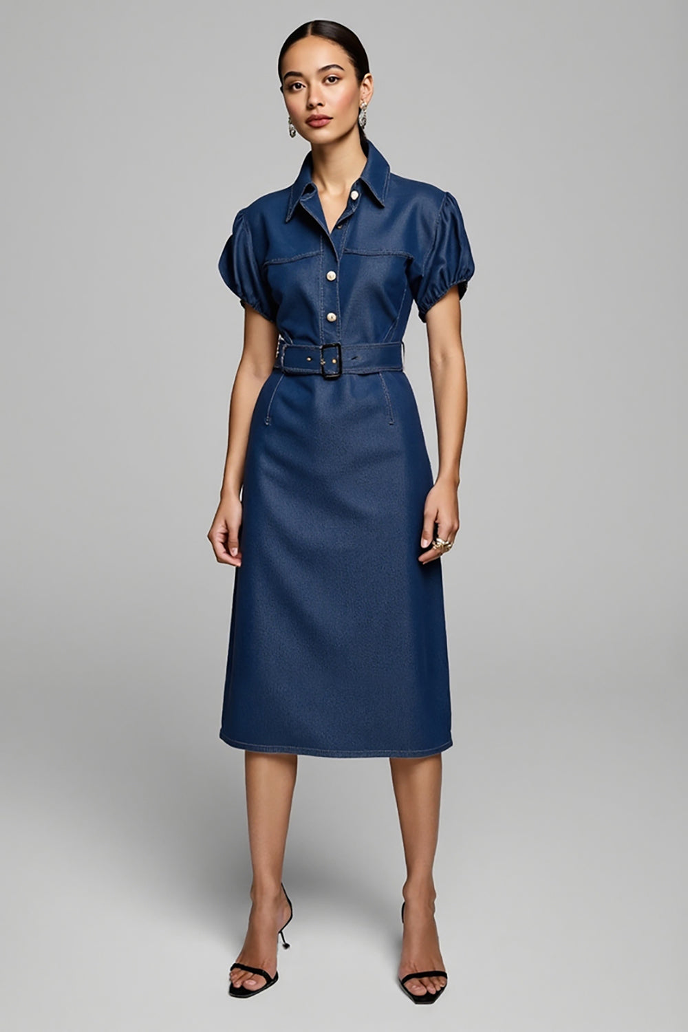 Blue Pencil Short Sleevs Midi Denim Work Dress with Belt
