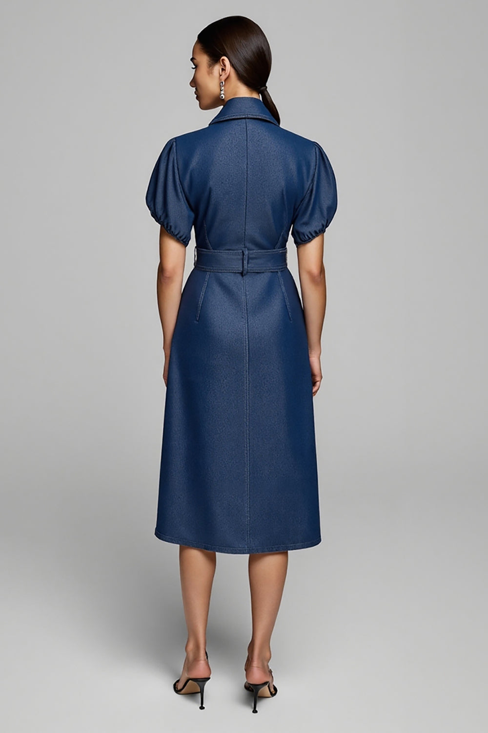 Blue Pencil Short Sleevs Midi Denim Work Dress with Belt