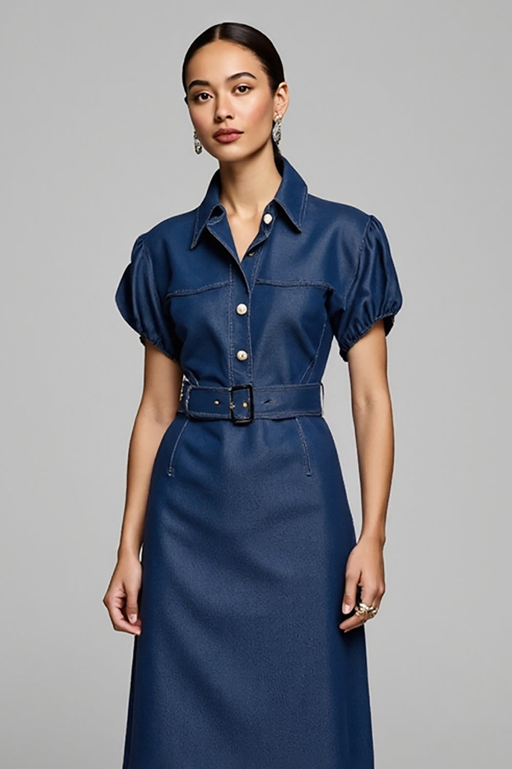 Blue Pencil Short Sleevs Midi Denim Work Dress with Belt