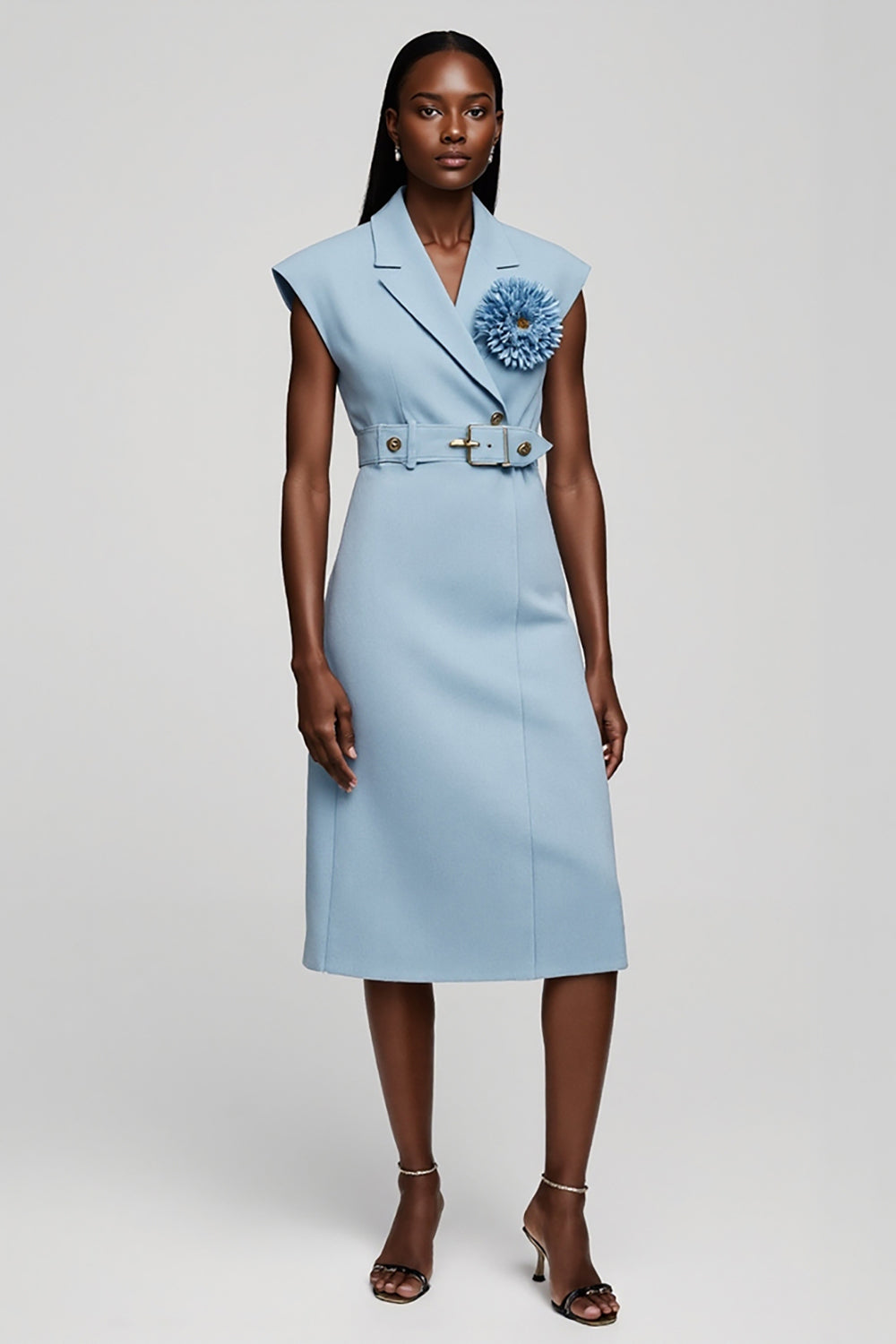 Floral Light Blue Notched Lapel Midi Work Blazer Dress with Belt