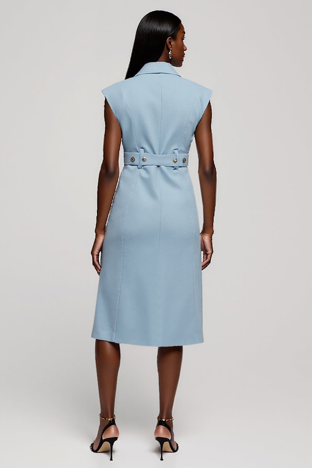 Floral Light Blue Notched Lapel Midi Work Blazer Dress with Belt