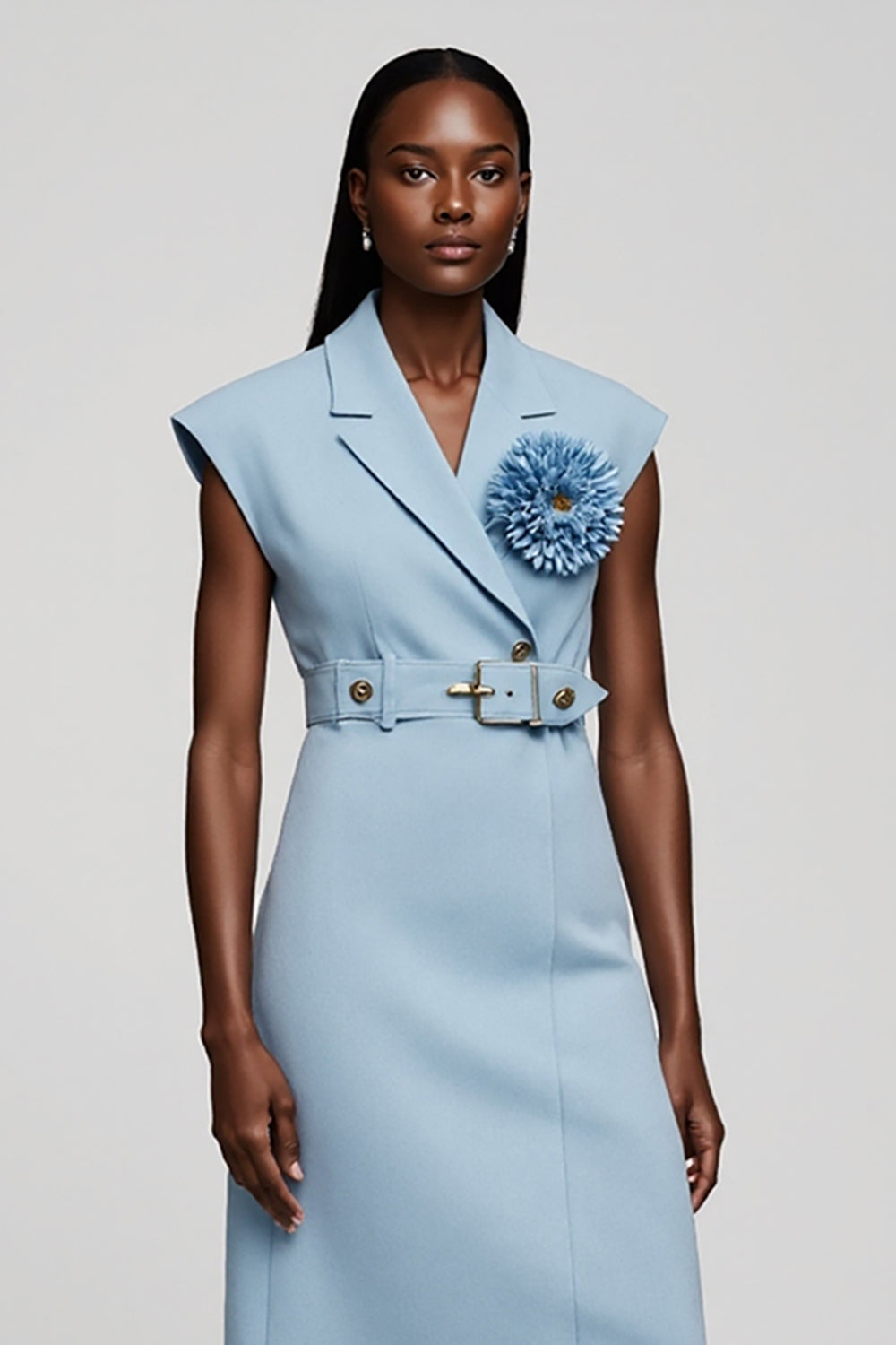 Floral Light Blue Notched Lapel Midi Work Blazer Dress with Belt