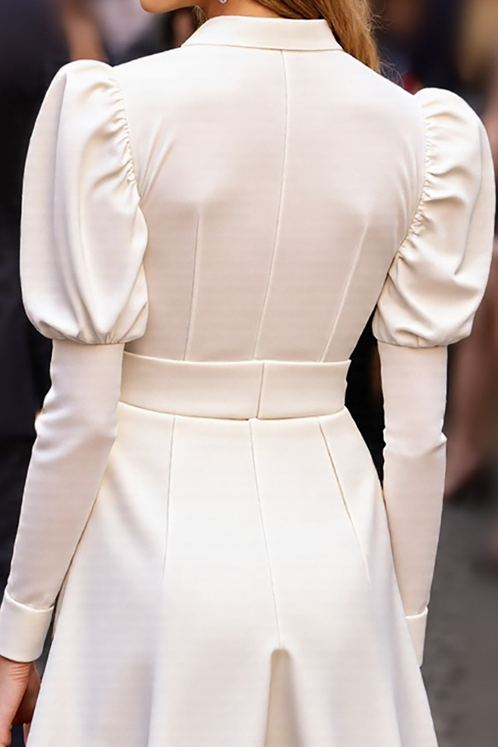 Sparkly White Satin A-Line Short Work Dress with Long Sleeves