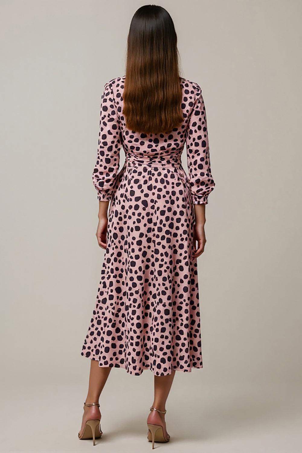 Pink A Line Leopard Printed Ruched Maxi Work Dress with Sleeves