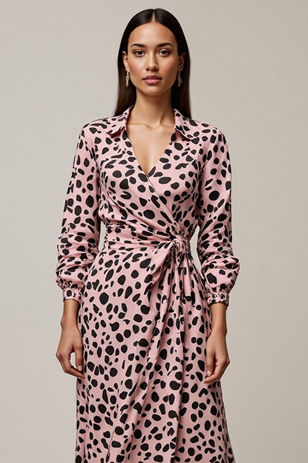 Pink A Line Leopard Printed Ruched Maxi Work Dress with Sleeves