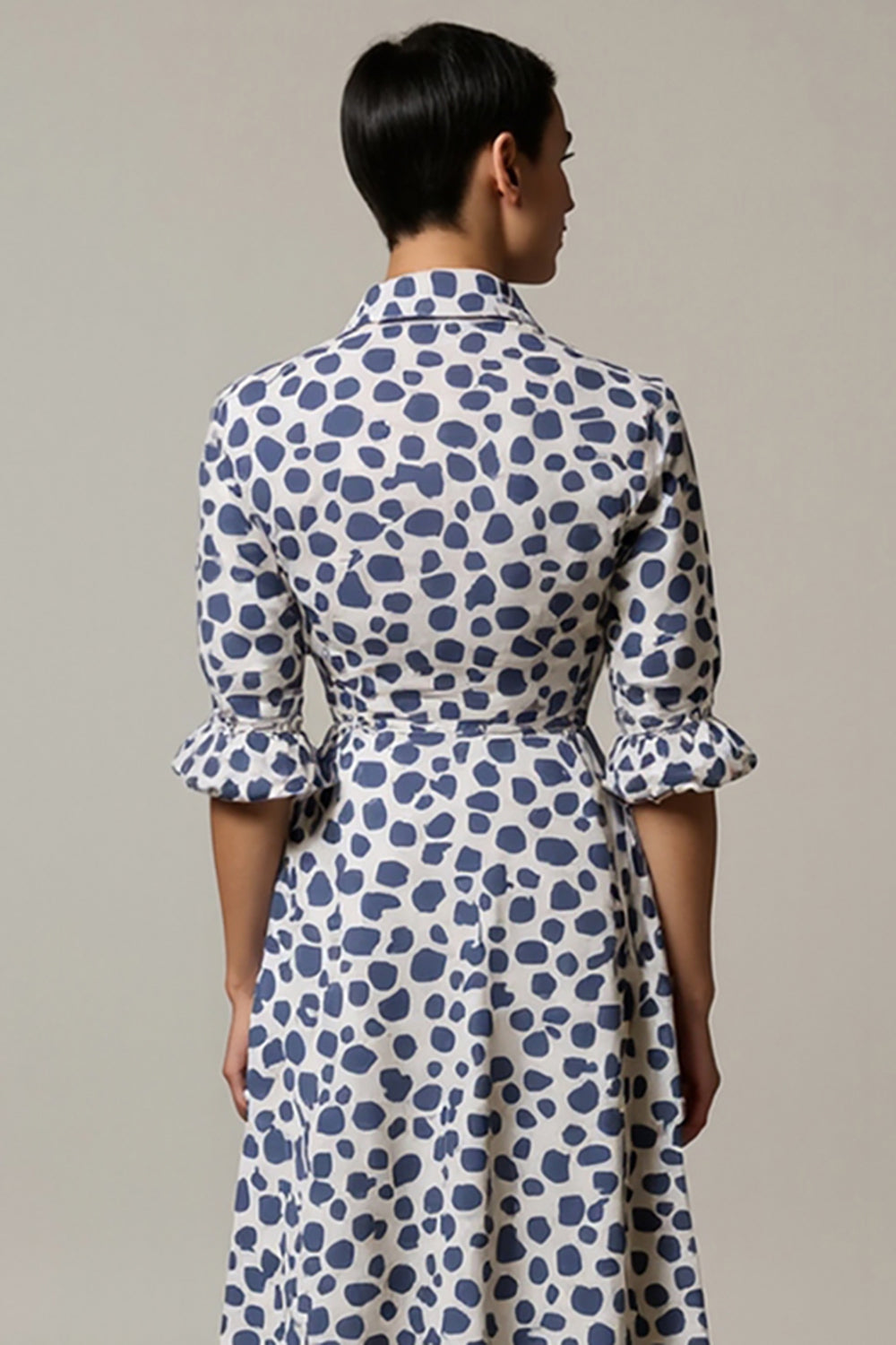 White and Blue A Line Collar Leopard Printed Half Sleeves Maxi Work Dress