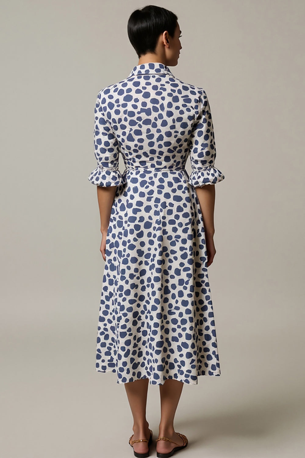 White and Blue A Line Collar Leopard Printed Half Sleeves Maxi Work Dress