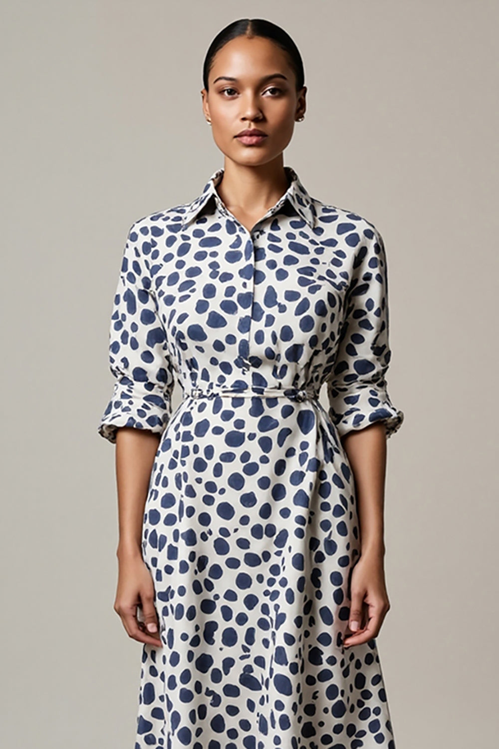 White and Blue A Line Collar Leopard Printed Half Sleeves Maxi Work Dress
