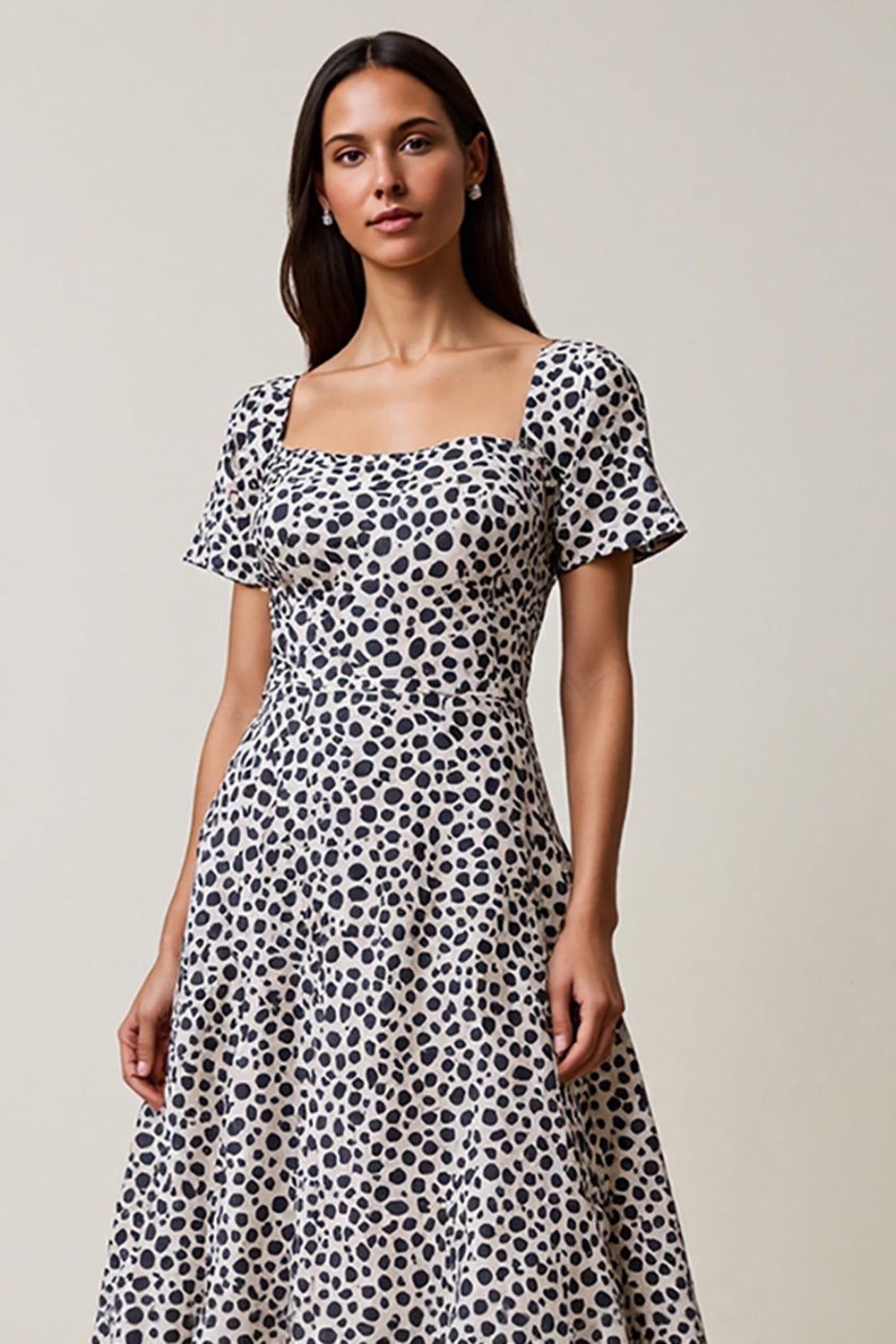 White and Blue Leopard Printed A Line Square Neck Maxi Work Dress with Sleeves
