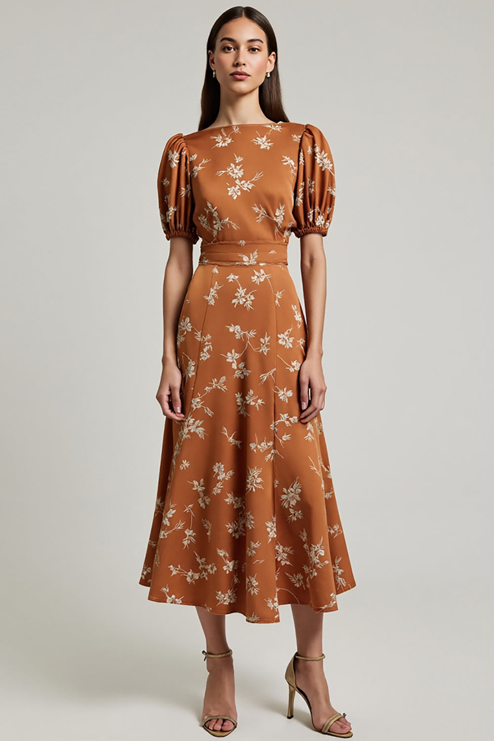 Floral Orange Printed Satin Bateau Neck Maxi Work Dress with Sleeves