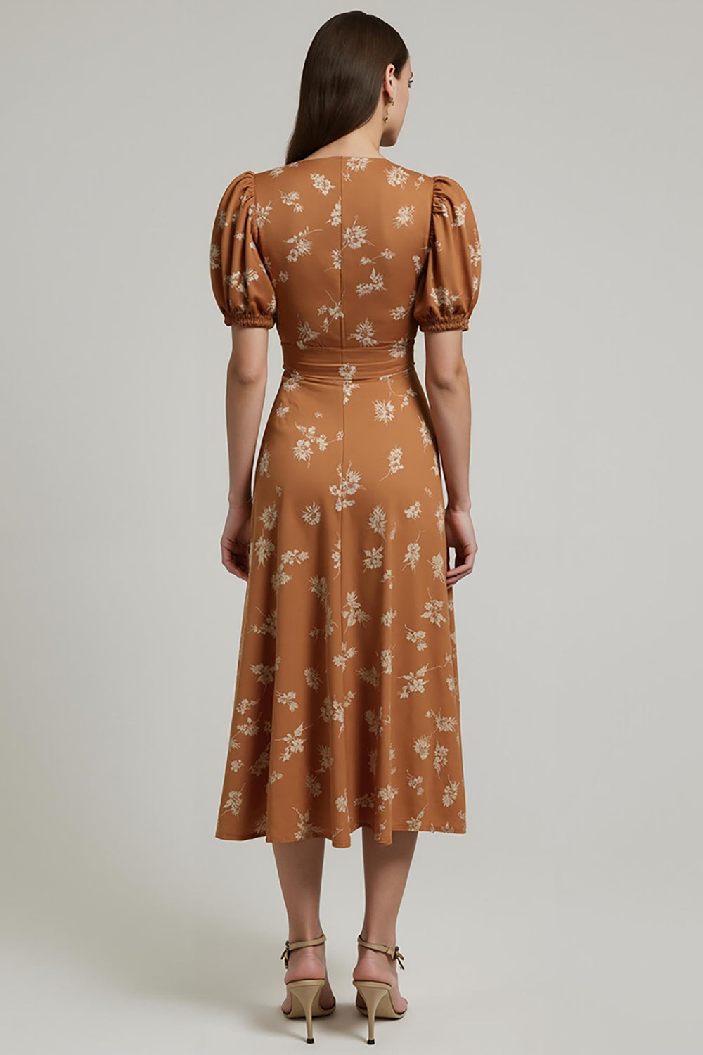 Floral Orange Printed Satin Bateau Neck Maxi Work Dress with Sleeves