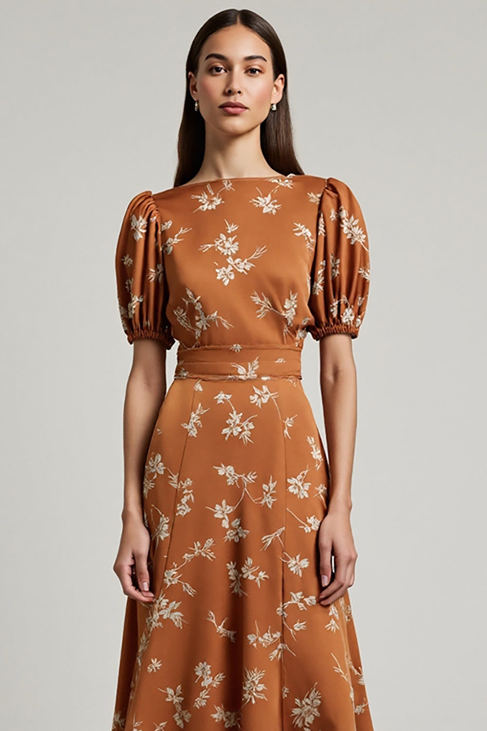 Floral Orange Printed Satin Bateau Neck Maxi Work Dress with Sleeves