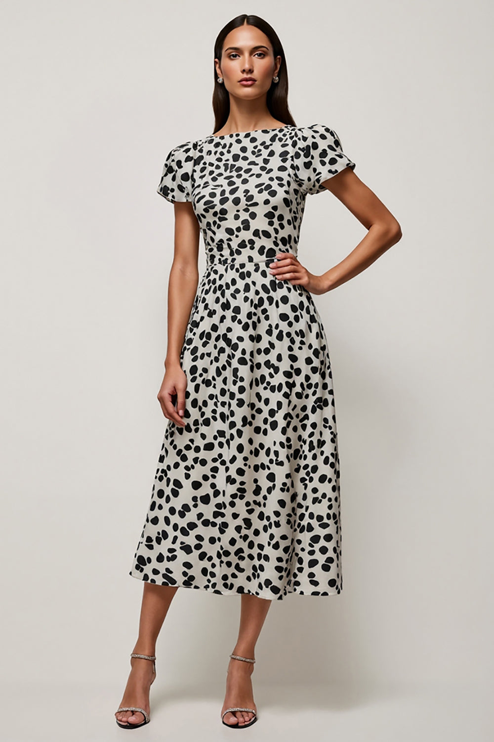 Black and White Leopard Printed A Line Maxi Work Dress with Sleeves