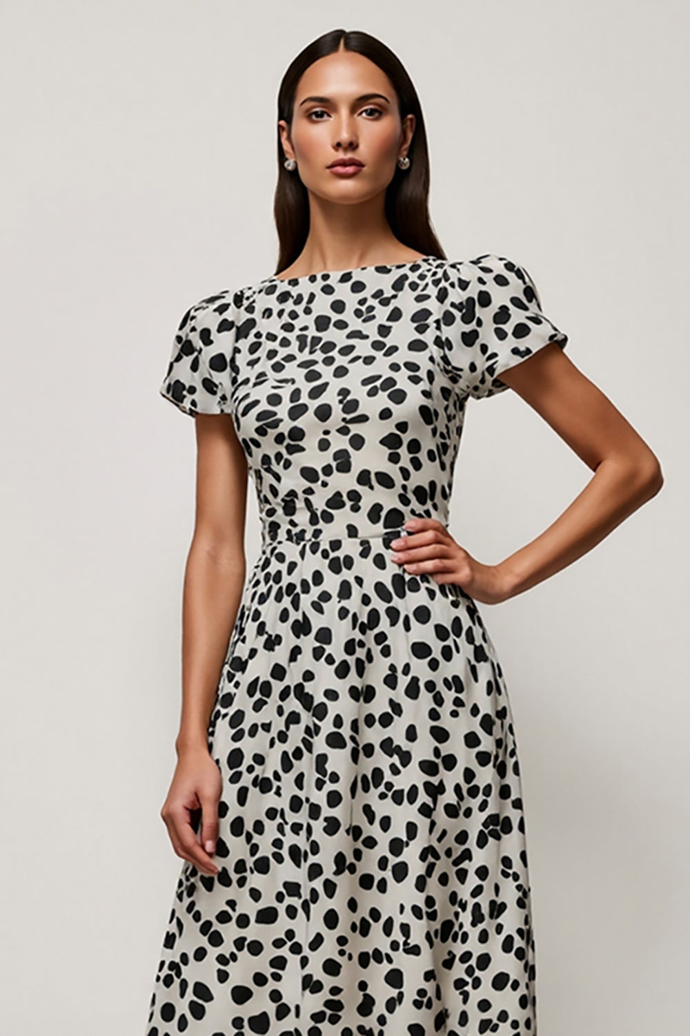 Black and White Leopard Printed A Line Maxi Work Dress with Sleeves