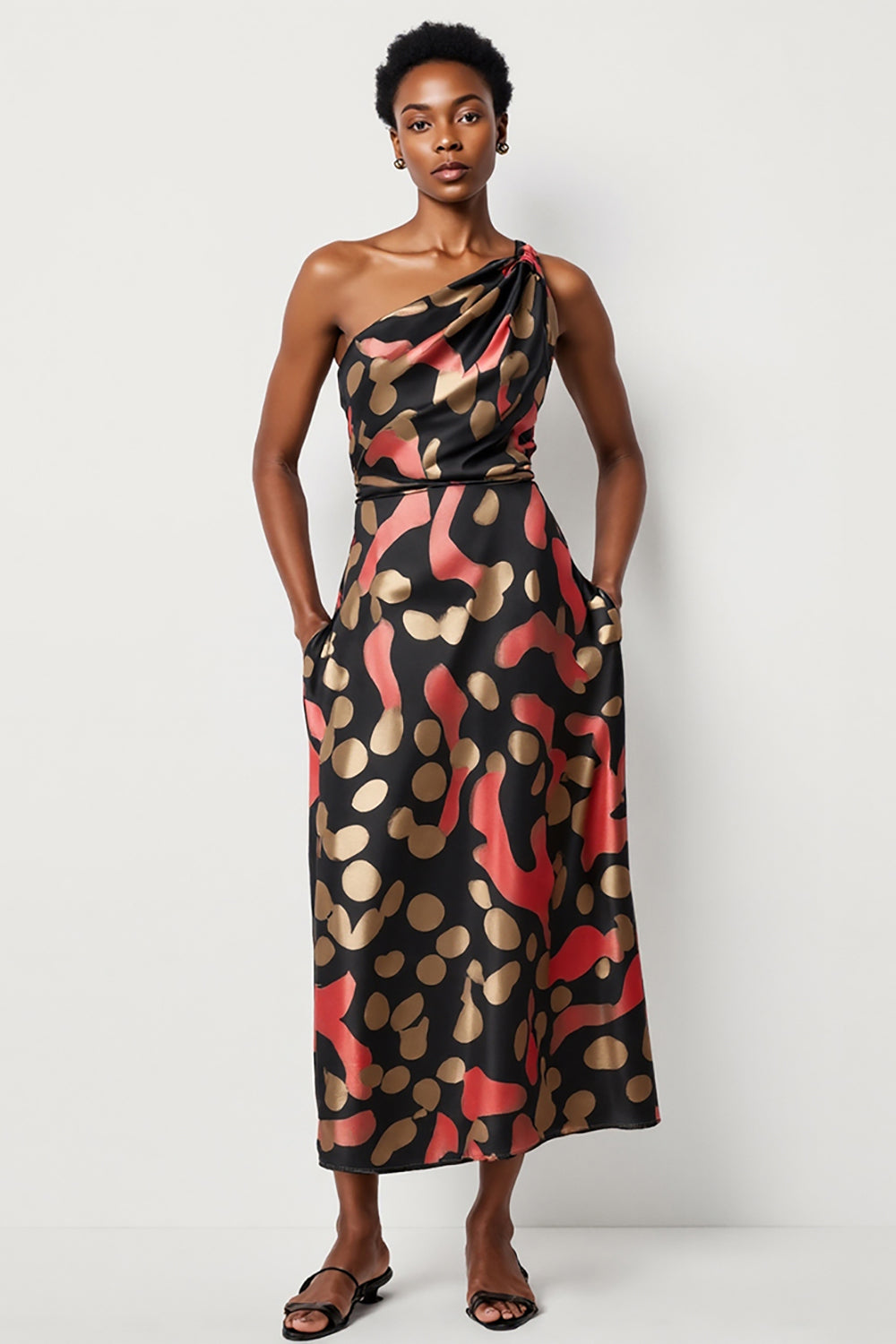 Black One Shoulder A Line Printed Maxi Work Dress with Pockets
