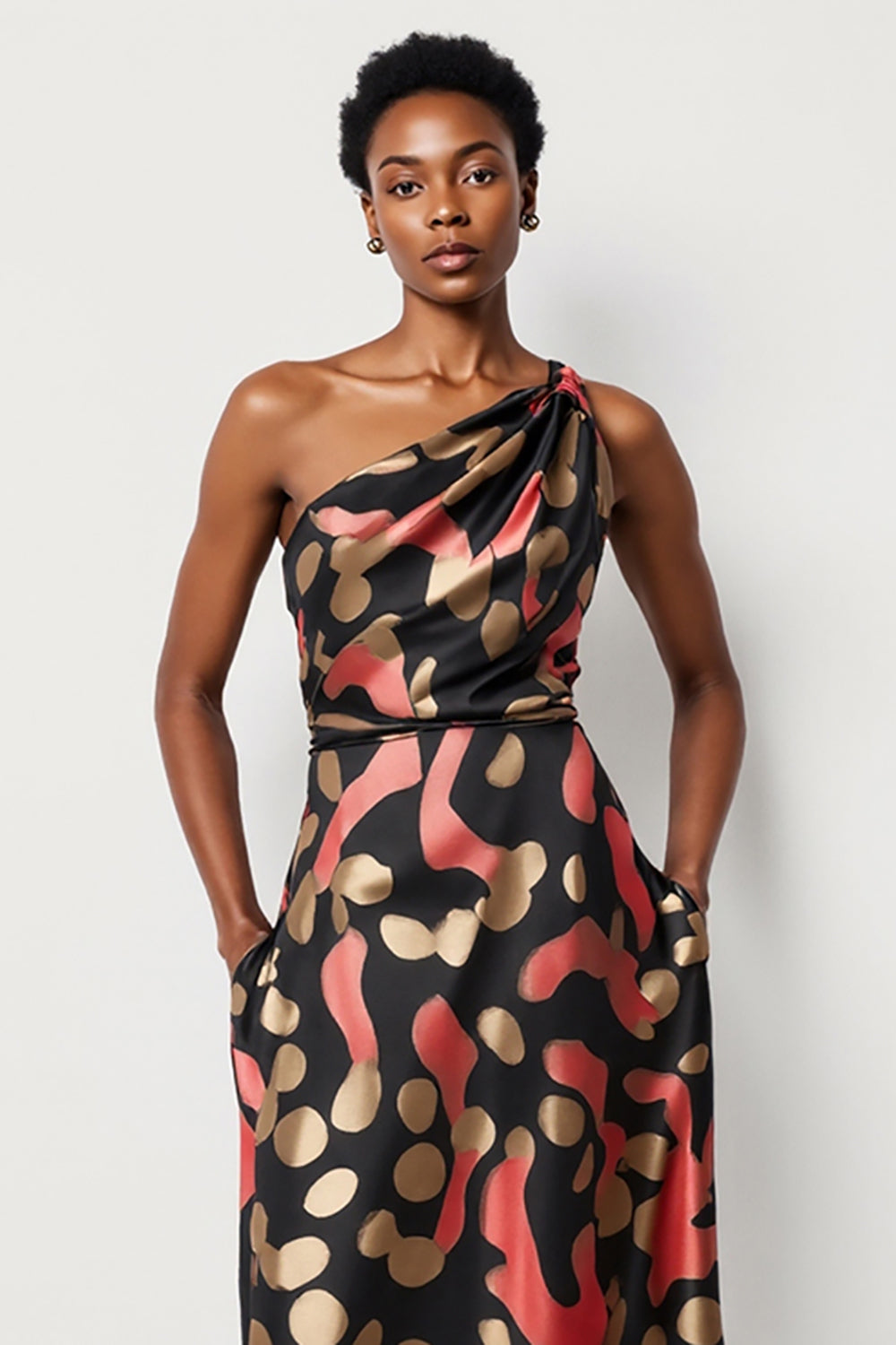 Black One Shoulder A Line Printed Maxi Work Dress with Pockets