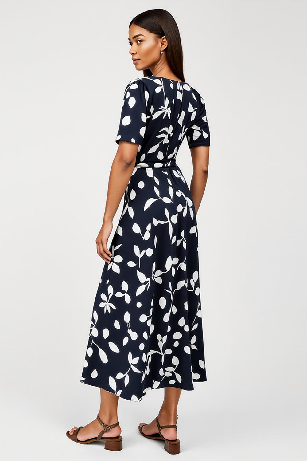 Navy Bateau Neck A Line Printed Maxi Work Dress with Short Sleeves