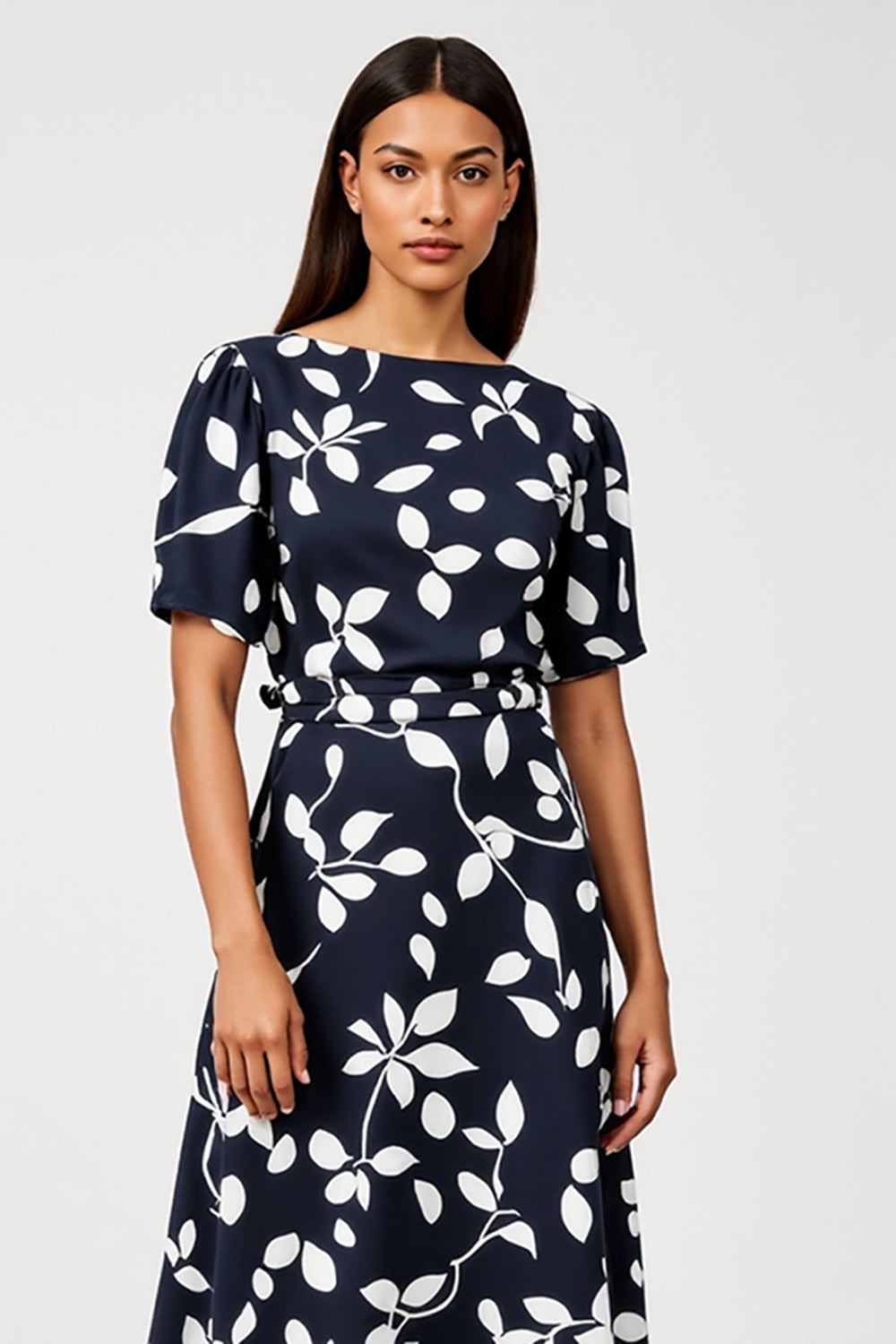 Navy Bateau Neck A Line Printed Maxi Work Dress with Short Sleeves