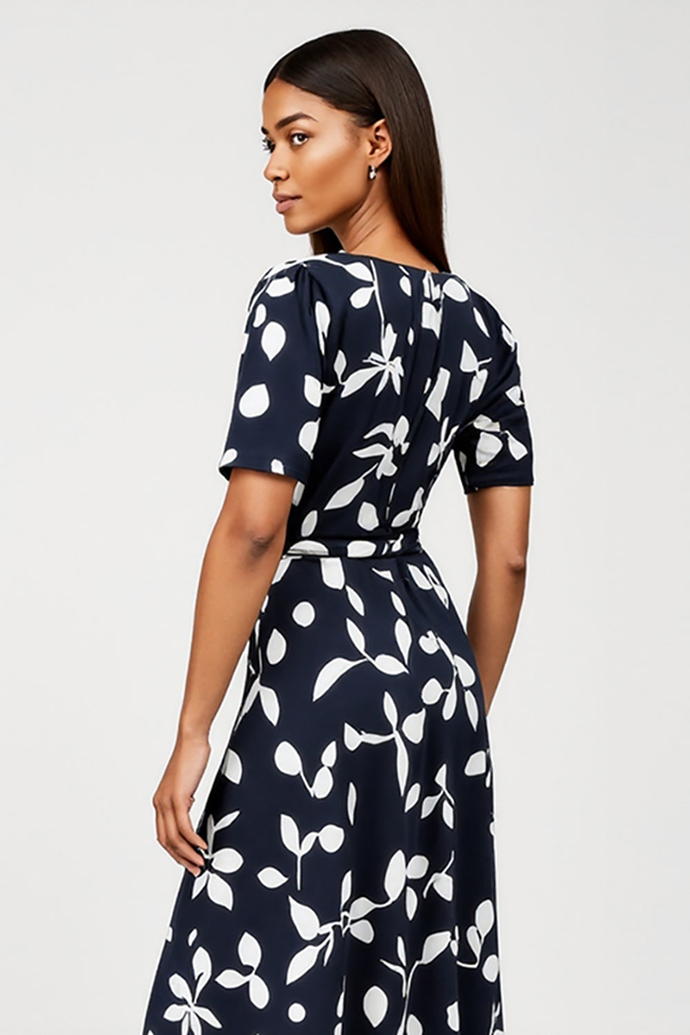Navy Bateau Neck A Line Printed Maxi Work Dress with Short Sleeves