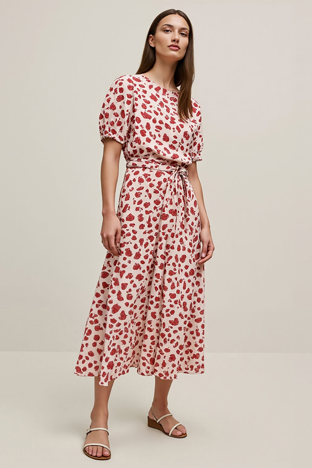Red Leopard Printed A Line Long Work Dress with Sleeves