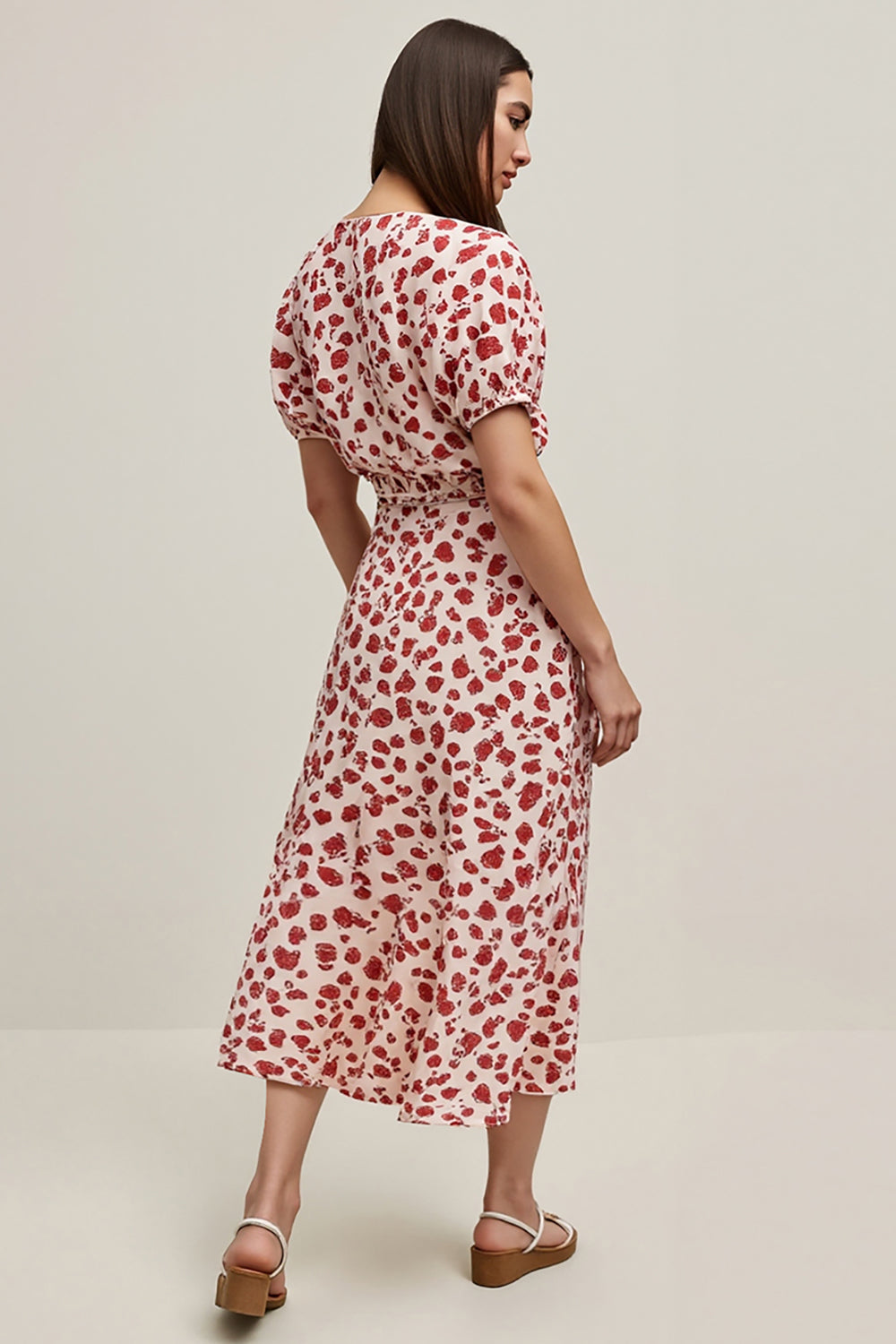 Red Leopard Printed A Line Long Work Dress with Sleeves