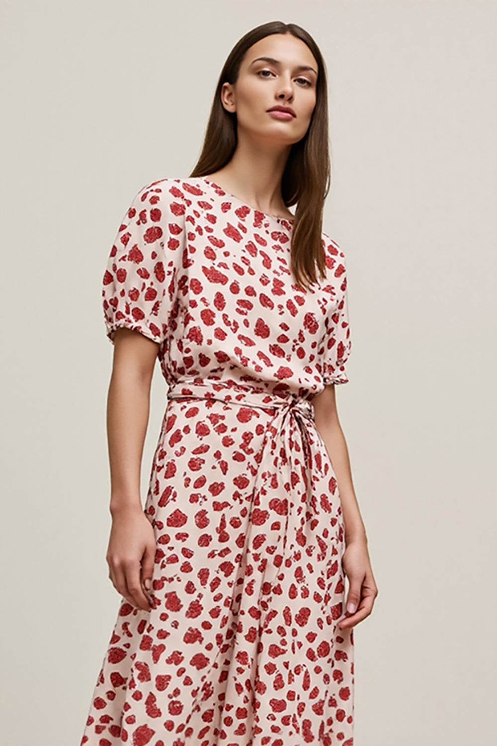 Red Leopard Printed A Line Long Work Dress with Sleeves