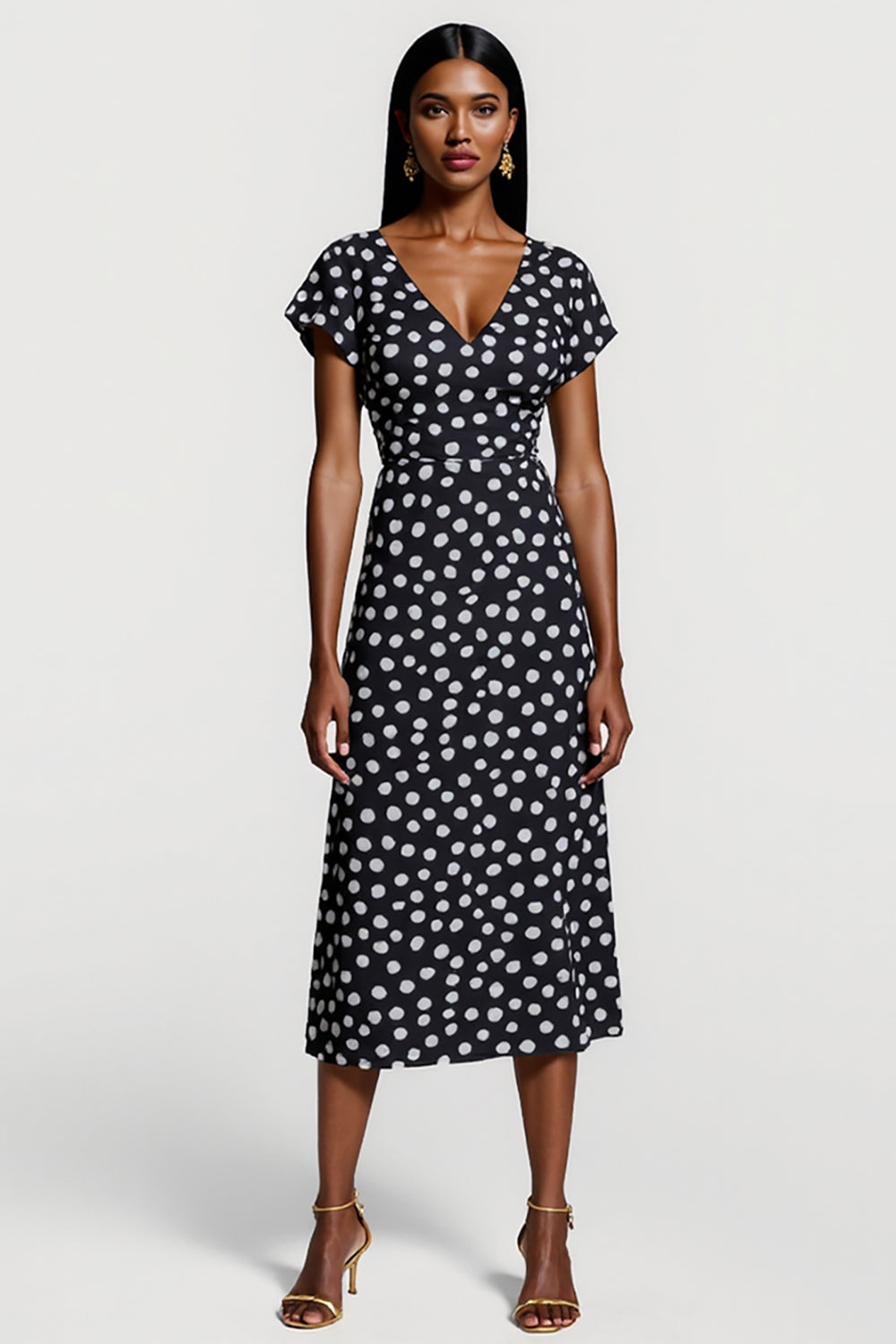 Black and White V-Neck Polka Dot Maxi Work Dress with Short Sleeves