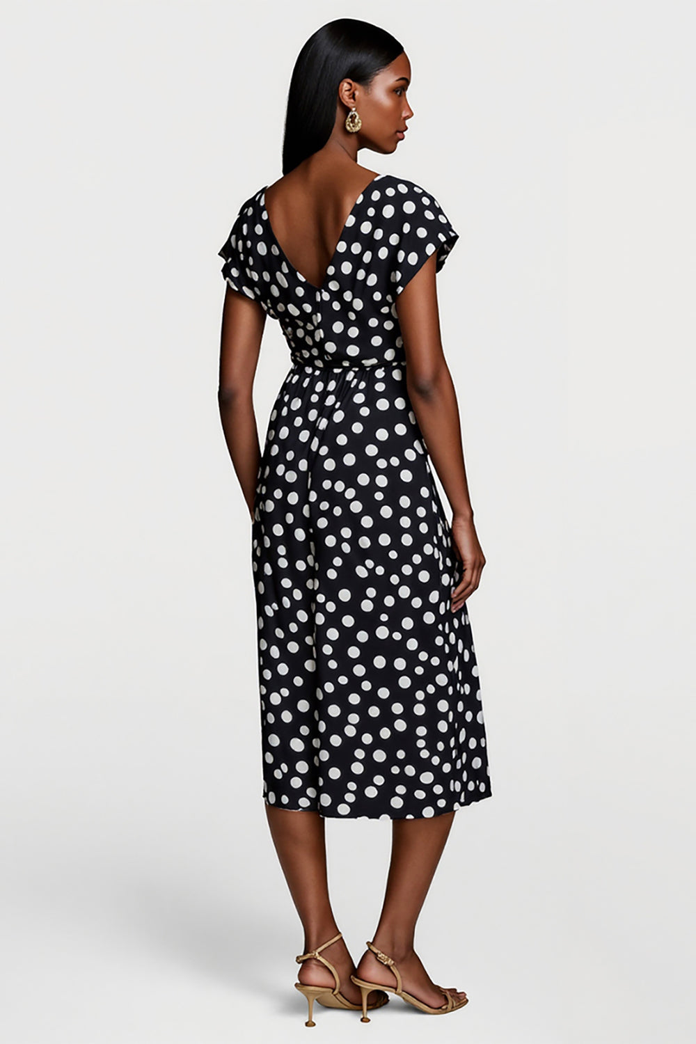 Black and White V-Neck Polka Dot Maxi Work Dress with Short Sleeves