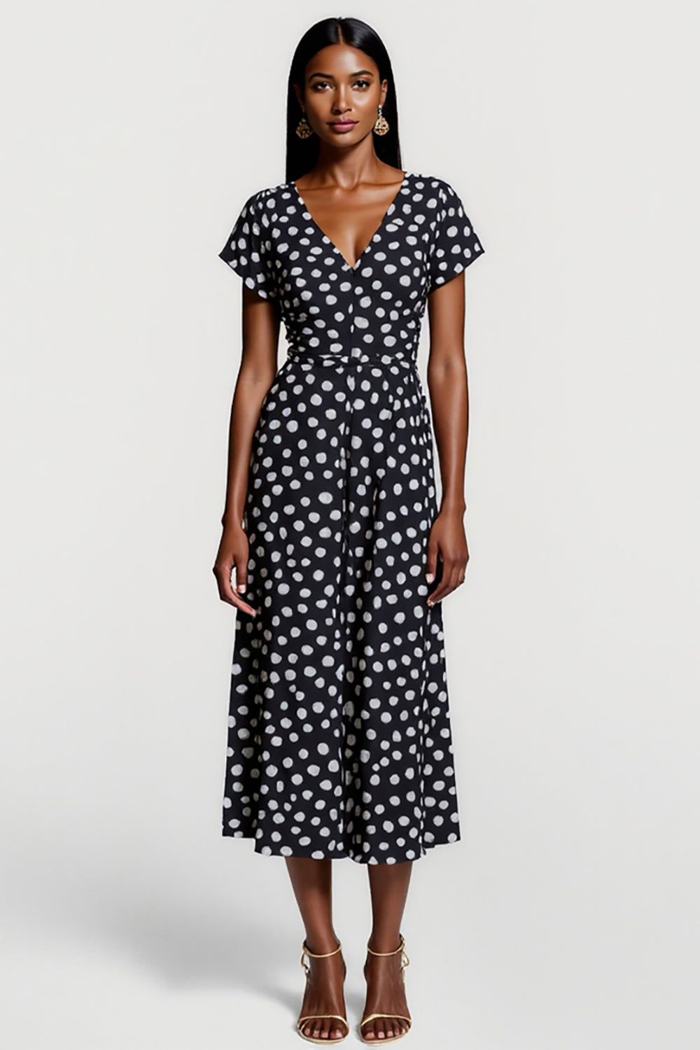 Black and White V-Neck Polka Dot Maxi Work Dress with Short Sleeves
