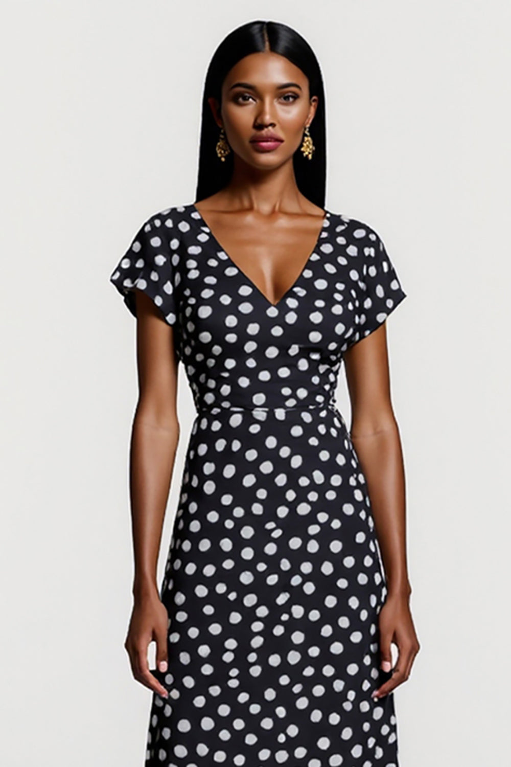 Black and White V-Neck Polka Dot Maxi Work Dress with Short Sleeves