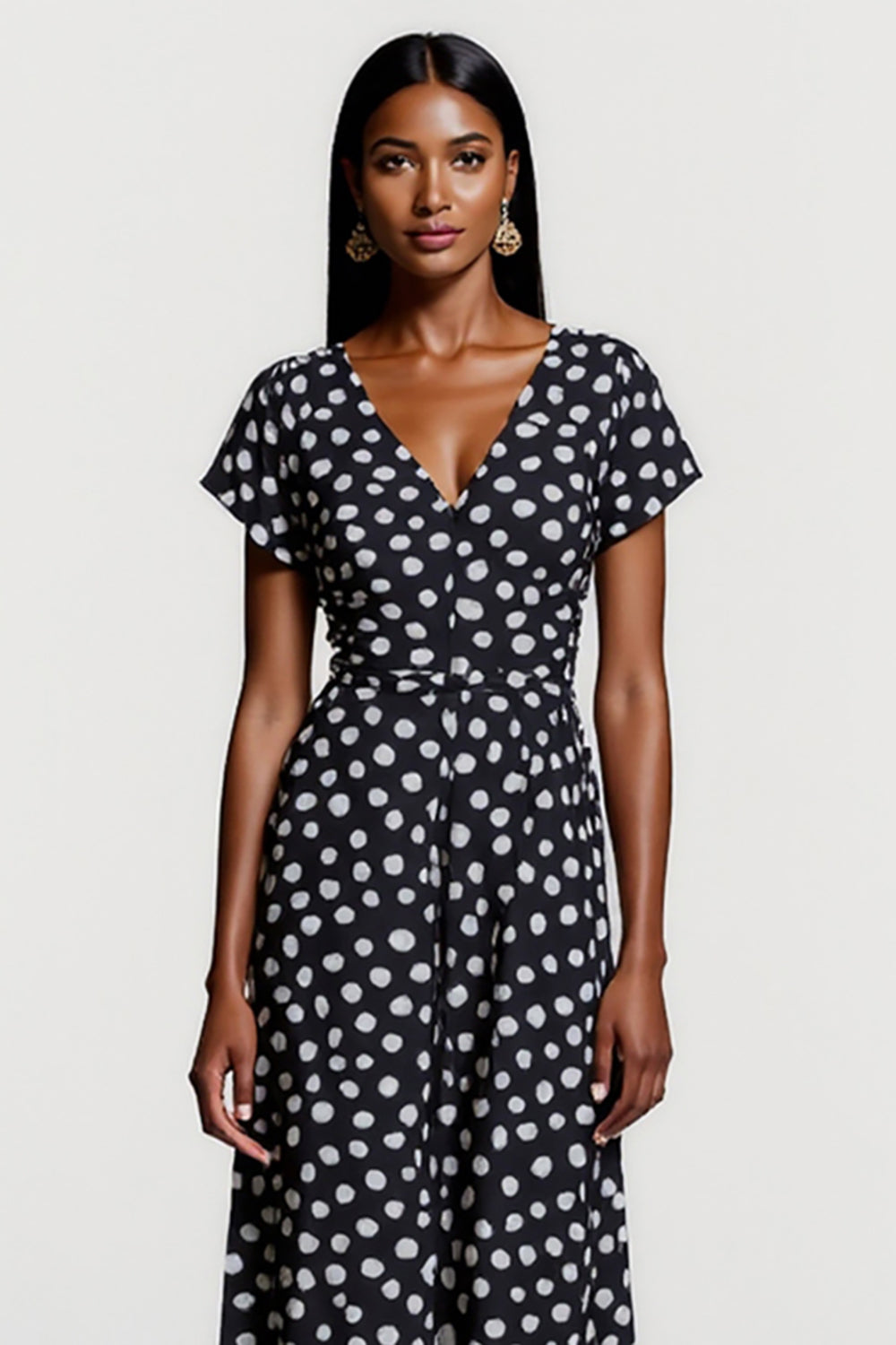 Black and White V-Neck Polka Dot Maxi Work Dress with Short Sleeves