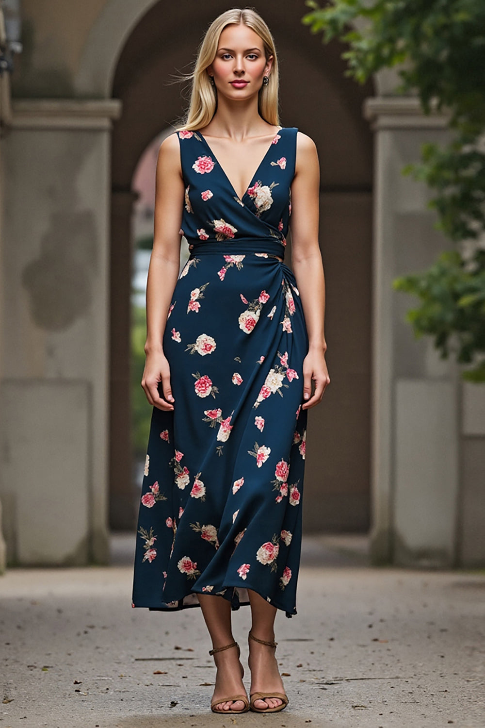 Floral Dark Blue Printed V-Neck A Line Maxi Work Dress