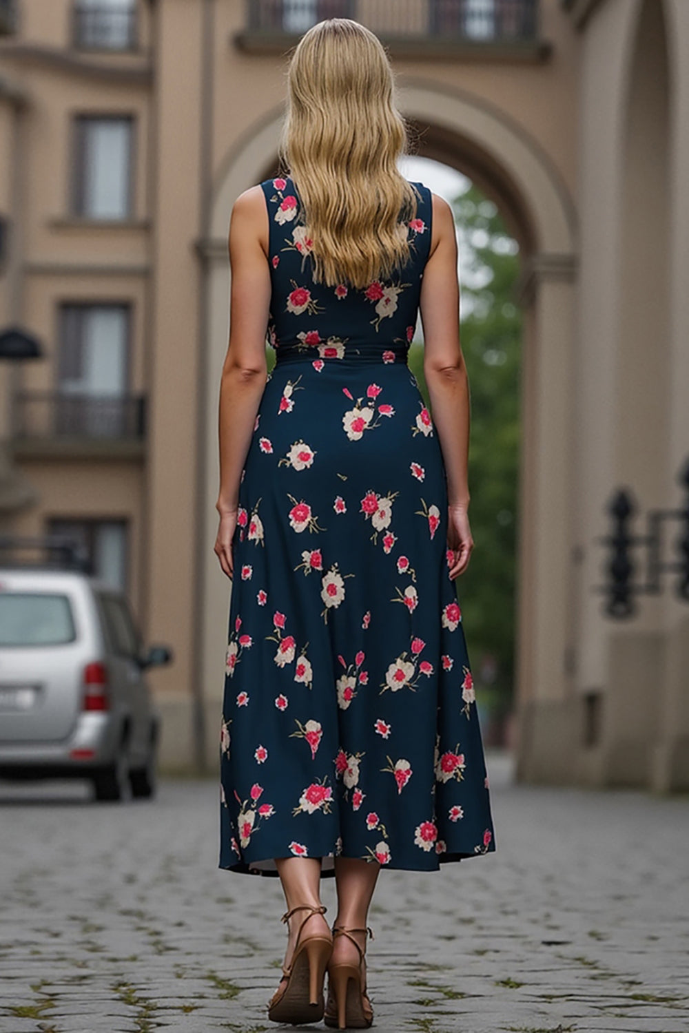 Floral Dark Blue Printed V-Neck A Line Maxi Work Dress