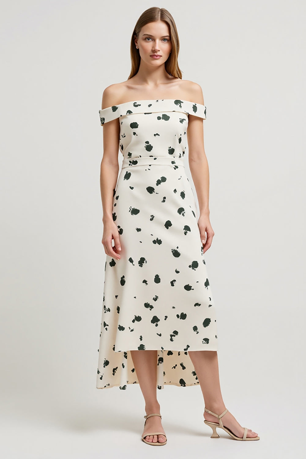 White Off the Shoulder A Line Printed High-Low Work Dress