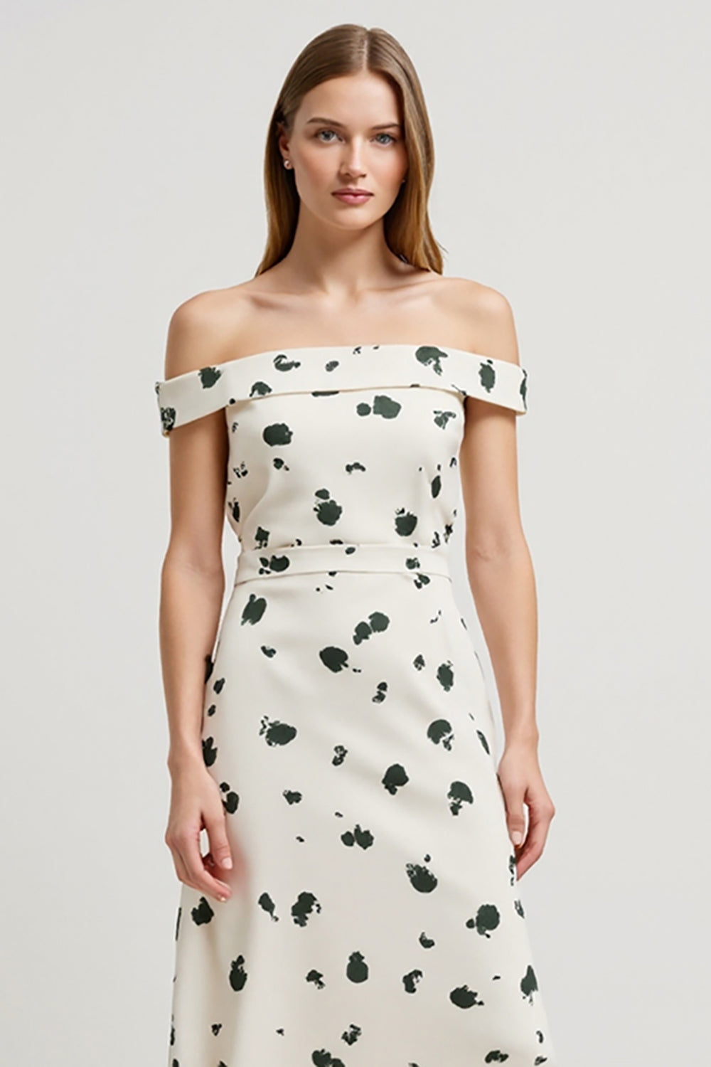 White Off the Shoulder A Line Printed High-Low Work Dress