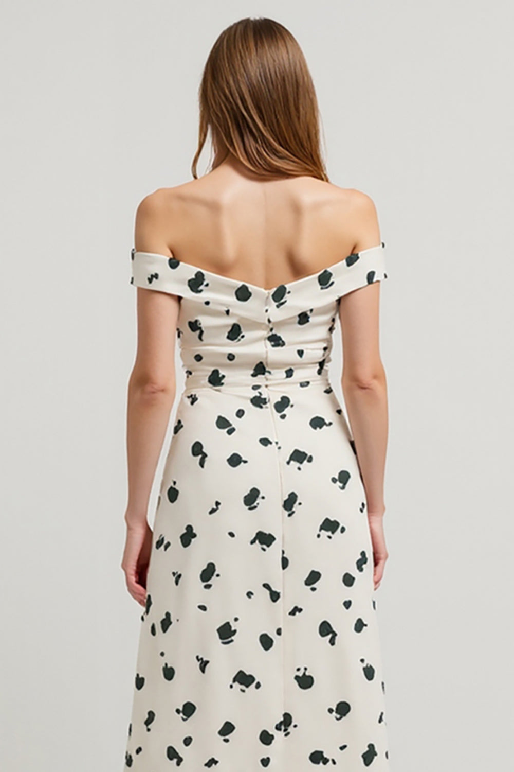 White Off the Shoulder A Line Printed High-Low Work Dress
