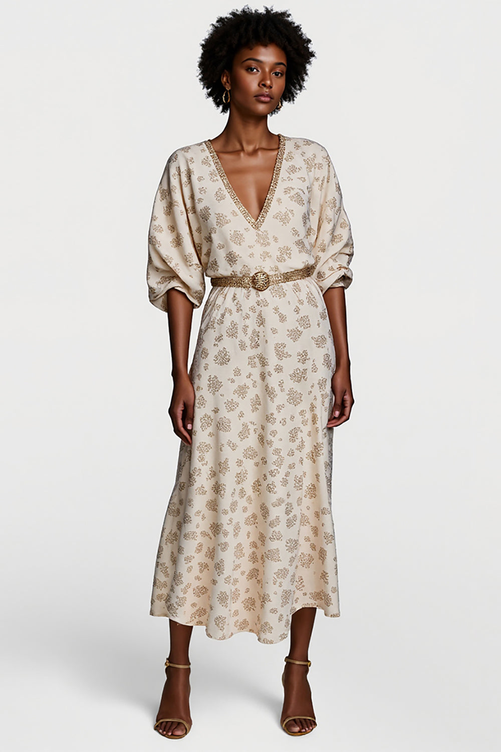Apricot Half Sleeves V-Neck Printed Maxi Work Dress with Belt