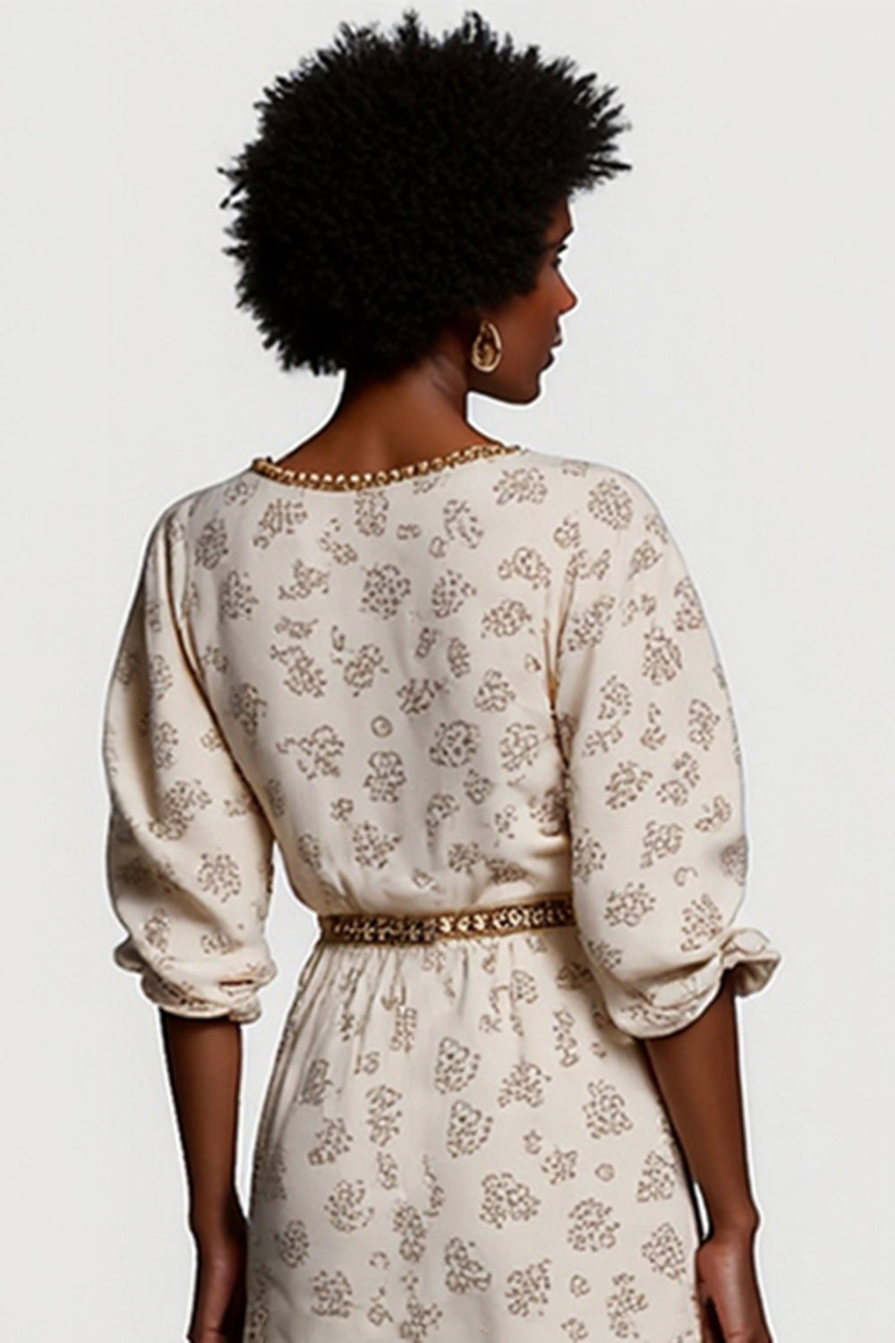 Apricot Half Sleeves V-Neck Printed Maxi Work Dress with Belt