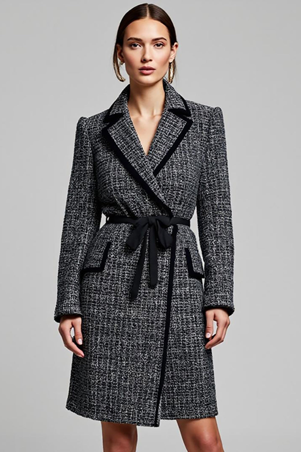 Dark Grey Notched Lapel Short Tweed Blazer Dress with Long Sleeves