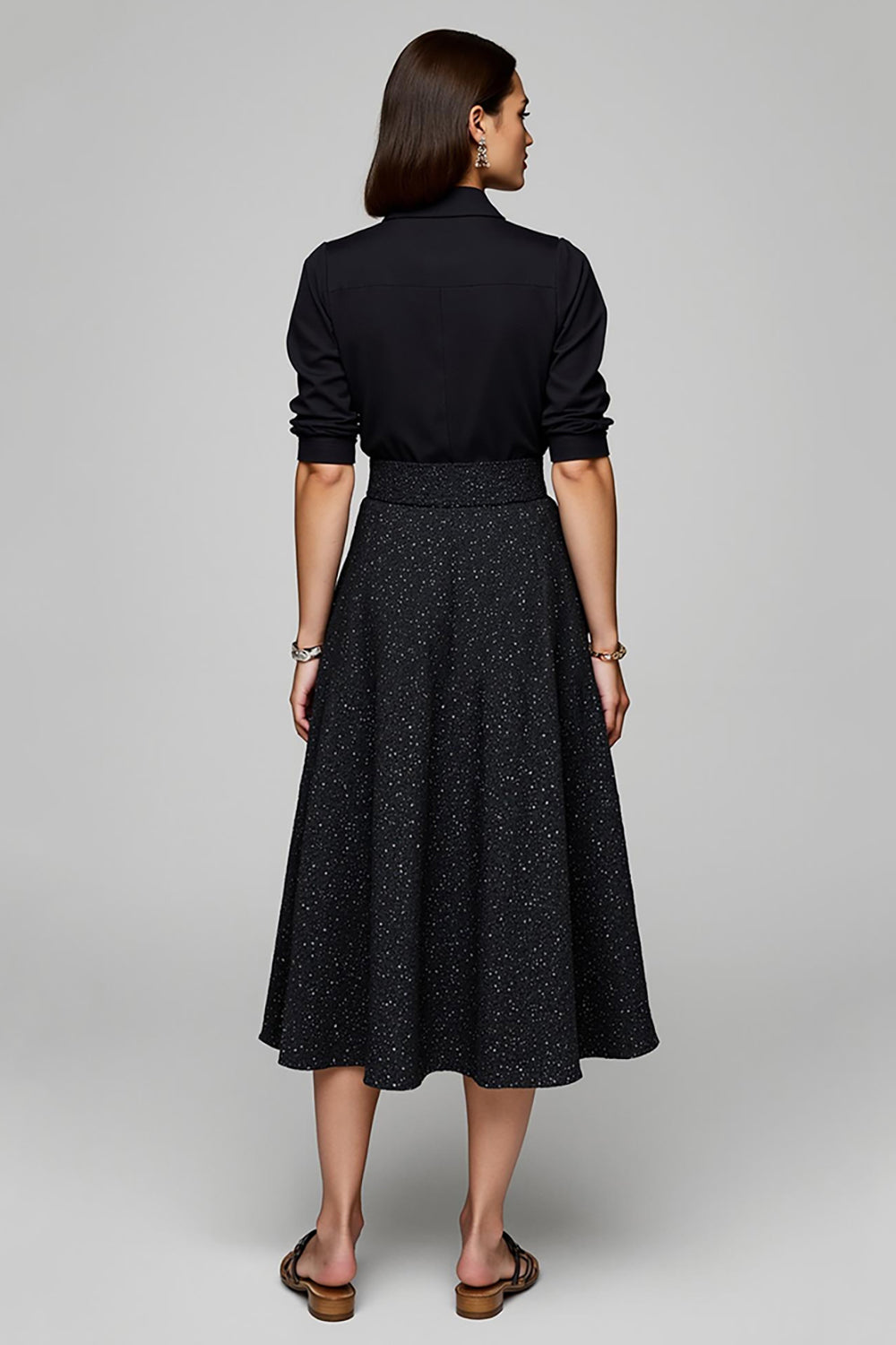 Sparkly Black 2 Piece Collar Blouses and Skirt with Pockets