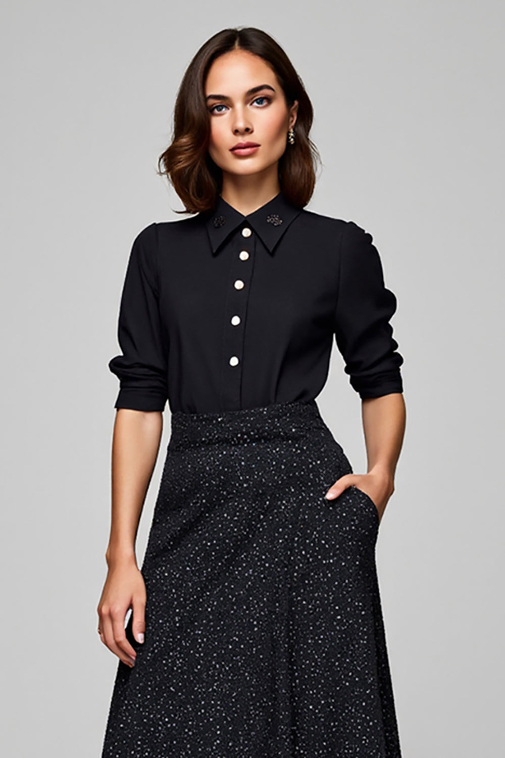 Sparkly Black 2 Piece Collar Blouses and Skirt with Pockets