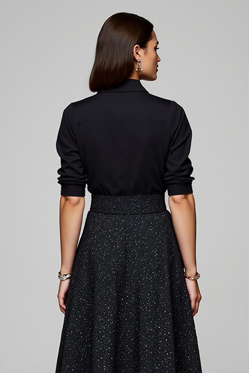 Sparkly Black 2 Piece Collar Blouses and Skirt with Pockets