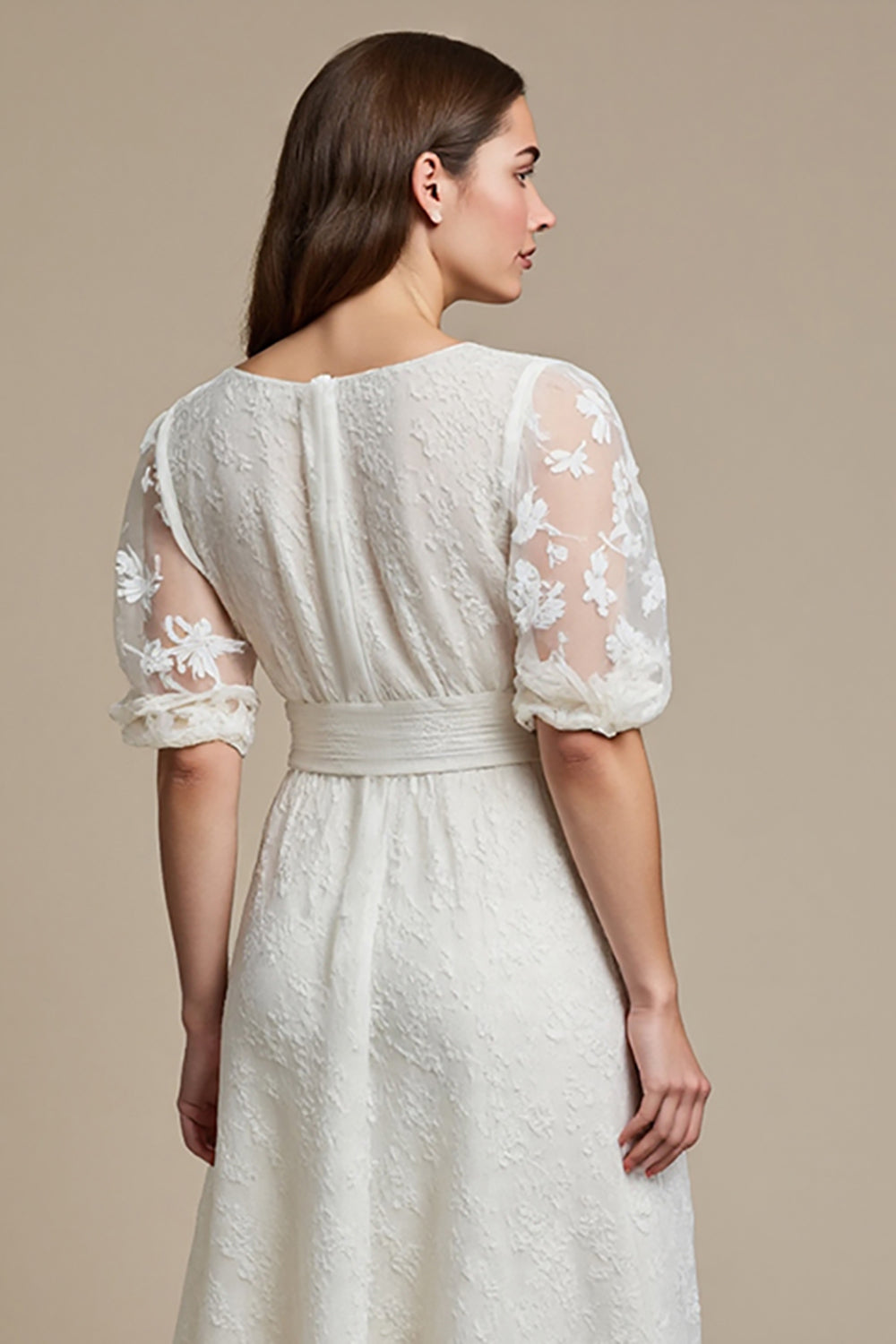 White Lace Boat Neck A Line Midi Work Dress with Sleeves