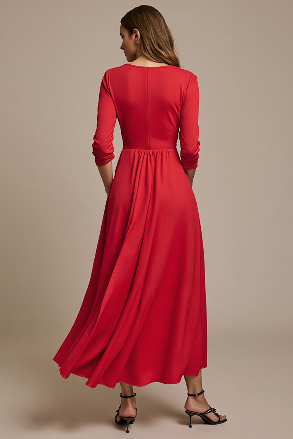 Red Boat Neck A Line Maxi Satin Work Dress with 3D Flowers