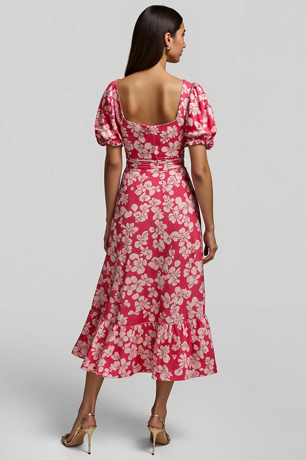Floral Red V-Neck A Line Maxi Work Dress with Sleeves